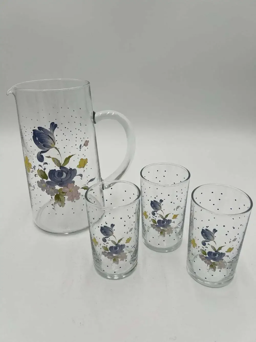 Vintage Libbey Peony Glass Pitcher 40 Oz + 3 Juice Glasses Blue Floral Set